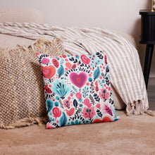 Load image into Gallery viewer, Pink and Aqua Hearts and Flowers Premium Pillow Case