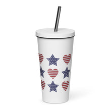 Load image into Gallery viewer, Patriotic Stars and Hearts Insulated tumbler with a straw