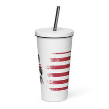 Load image into Gallery viewer, Patriotic Messy Bun and Flag Insulated tumbler with a straw