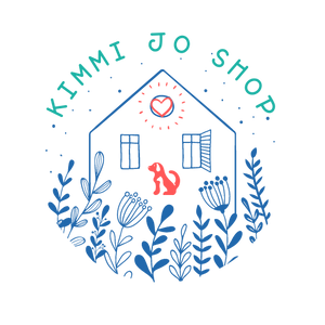 Kimmi Jo Shop logo image - house with pet silhouettes, coral colored heart in upper window, and flowers. 