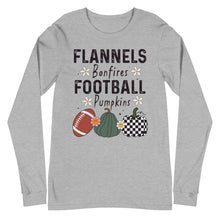 Load image into Gallery viewer, Flannels Bonfires Football Pumpkins Unisex Long Sleeve Tee