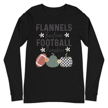 Load image into Gallery viewer, Flannels Bonfires Football Pumpkins Unisex Long Sleeve Tee
