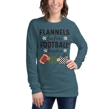 Load image into Gallery viewer, Flannels Bonfires Football Pumpkins Unisex Long Sleeve Tee