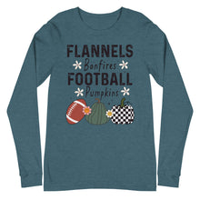 Load image into Gallery viewer, Flannels Bonfires Football Pumpkins Unisex Long Sleeve Tee