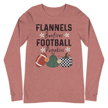 Load image into Gallery viewer, Flannels Bonfires Football Pumpkins Unisex Long Sleeve Tee