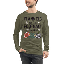 Load image into Gallery viewer, Flannels Bonfires Football Pumpkins Unisex Long Sleeve Tee