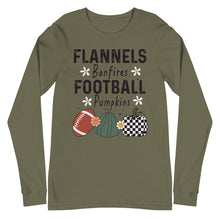 Load image into Gallery viewer, Flannels Bonfires Football Pumpkins Unisex Long Sleeve Tee