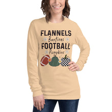 Load image into Gallery viewer, Flannels Bonfires Football Pumpkins Unisex Long Sleeve Tee