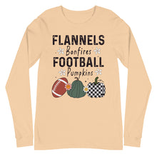 Load image into Gallery viewer, Flannels Bonfires Football Pumpkins Unisex Long Sleeve Tee