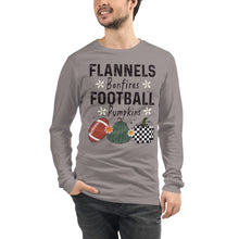 Load image into Gallery viewer, Flannels Bonfires Football Pumpkins Unisex Long Sleeve Tee