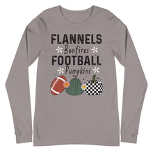 Load image into Gallery viewer, Flannels Bonfires Football Pumpkins Unisex Long Sleeve Tee