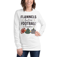Load image into Gallery viewer, Flannels Bonfires Football Pumpkins Unisex Long Sleeve Tee