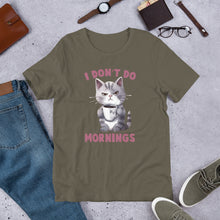 Load image into Gallery viewer, I Don’t Do Mornings (cat) Unisex t-shirt