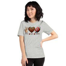 Load image into Gallery viewer, Peace Love Football (leopard heart) Unisex t-shirt