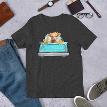 Load image into Gallery viewer, Baby Highland Cow in a Blue Truck Unisex t-shirt
