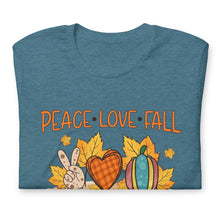 Load image into Gallery viewer, Peace Love Fall Orange Heart Unisex t-shirt