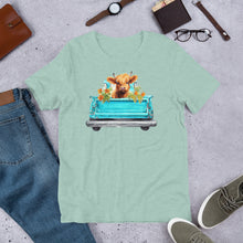 Load image into Gallery viewer, Baby Highland Cow in a Blue Truck Unisex t-shirt