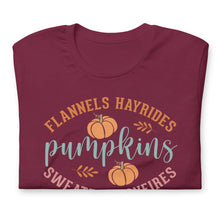 Load image into Gallery viewer, Flannels, Hayrides, Pumpkins Unisex t-shirt
