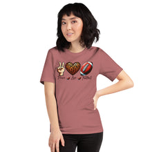 Load image into Gallery viewer, Peace Love Football (leopard heart) Unisex t-shirt