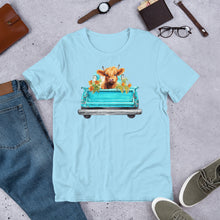 Load image into Gallery viewer, Baby Highland Cow in a Blue Truck Unisex t-shirt