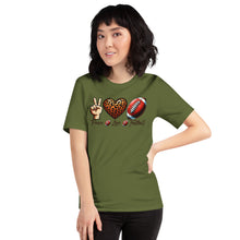 Load image into Gallery viewer, Peace Love Football (leopard heart) Unisex t-shirt