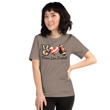 Load image into Gallery viewer, Peace Love Football (striped heart) Unisex t-shirt