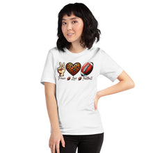 Load image into Gallery viewer, Peace Love Football (leopard heart) Unisex t-shirt