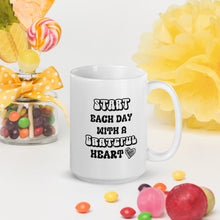 Load image into Gallery viewer, Start Each Day With A Grateful Heart (Retro Text) White glossy mug