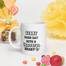 Load image into Gallery viewer, Start Each Day With A Grateful Heart (Retro Text) White glossy mug