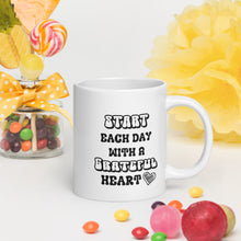 Load image into Gallery viewer, Start Each Day With A Grateful Heart (Retro Text) White glossy mug