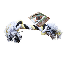 Load image into Gallery viewer, Side view of Dental Kotton 2 Knot Rope Toy. Black, White and tan cotton fiber rope with knots at either end on a card tag. Displayed on a white background.