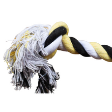 Load image into Gallery viewer, Close up of knot on one end of Dental Kotton 2 Knot Rope Toy. Black, White and tan cotton fiber rope. Displayed on a white background.