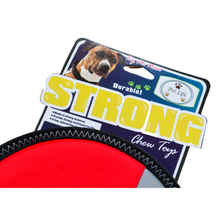 Load image into Gallery viewer, Red, black and gray neoprene soft frisbee toy with close up view of Strong tag. On white background.