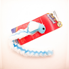 Load image into Gallery viewer, Cat 'n Around Crinkle Bird Stuffed catnip toy in blue. Blue bird with long tail that crinkles when moved. Displayed on tag card. Side view.