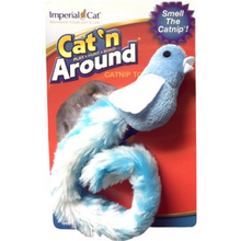 Load image into Gallery viewer, Cat 'n Around Crinkle Bird Stuffed catnip toy in blue. Blue bird with long tail that crinkles when moved. Displayed on tag card.