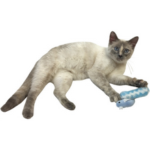 Load image into Gallery viewer, Cat 'n Around Crinkle Bird Stuffed catnip toy in blue. Blue bird with long tail that crinkles when moved. Displayed with cat playing.