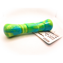 Load image into Gallery viewer, Side view picture of Crack N' Fetch Stick dog chew and fetch toy. Yellow, blue and green bone shaped toy attached to card tag which say "I Crackle". Displayed on white background.
