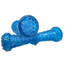 Load image into Gallery viewer, Picture of Clear Blue Squeaker Bones Dog Toys. Toys are made from clear blue thermoplastic rubber. Picture shows two bones (one laying lengthwise and the round end of the other) . Displayed on white background.