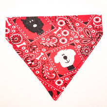 Load image into Gallery viewer, Classic red bandana print over-the-collar bandana. Has classic bandana pattern with black and white dogs and white bones. Displayed on a white background.