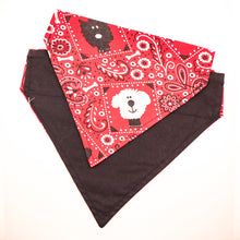 Load image into Gallery viewer, Front and back view of Classic red bandana print over-the-collar bandana. Has classic bandana pattern with black and white dogs and white bones. Back of bandana is solid black fabric. Displayed on a white background.