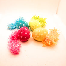 Load image into Gallery viewer, Picture of four colorful comet stuffed cat toys with feather tails. Shows blue, yellow, lime green, and pink comets on white background.