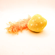 Load image into Gallery viewer, Yellow colorful comet stuffed cat toy with feathery tail. Side view.