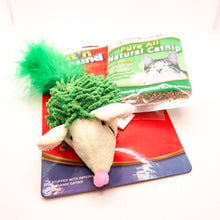 Load image into Gallery viewer, Cat N' Around Feather Tail Hedgehog stuffed catnip cat toy. Green one displayed on tag card with bag of accompanying catnip.