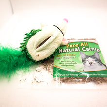 Load image into Gallery viewer, Bottom view of Cat 'n Around Hedgehog stuffed catnip toy. Shows open compartment on bottom of toy to insert catnip along with the accompanying bag of catnip.