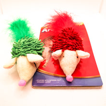 Load image into Gallery viewer, Cat N' Around Feather Tail Hedgehog stuffed catnip cat toy. Two hedgehogs displayed - red one on card tag and green one not.