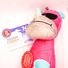 Load image into Gallery viewer, Close up picture of Bottle Bro Rhino toy in bright pink with blue ears/hands/feet and gray nose. On white background with product tag and tag that says "Cracks, Crinkles & Squeaks!"