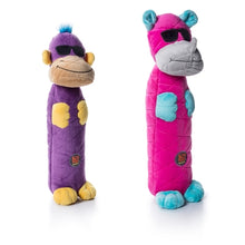 Load image into Gallery viewer, Picture of Bottle Bro Rhino toy in bright pink with blue ears/hands/feet and gray nose. On white background. Also include another bottle bro toy that is not available in the Kimmi Jo Shop.