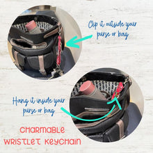 Load image into Gallery viewer, Picture of two purses with Charmable Wristlet keychains attached. Top purse has Charmable keychain on outside; bottom picture has Charmable keychain on the inside.