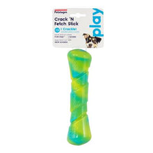 Load image into Gallery viewer, Picture of Crack N' Fetch Stick dog chew and fetch toy. Yellow, blue and green bone shaped toy attached to card tag which say "I Crackle". Displayed on white background.