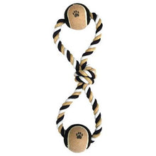 Load image into Gallery viewer, Picture of Dental Kotton Bone Rope Toy with Two Tennis Balls. Cotton fiber rope made of two loops with tennis balls (tan and black) at the end of each loop and a knot in the middle. Rope is black, tan and white. Displayed on a white background.